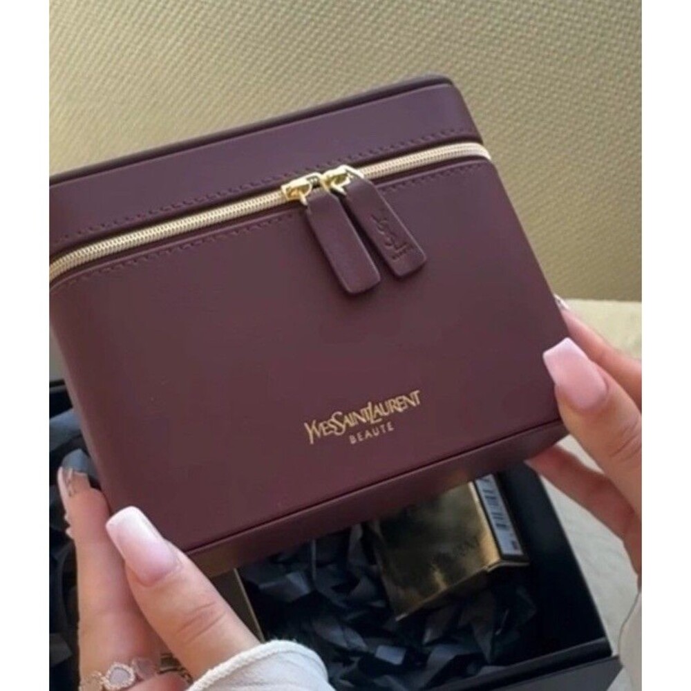 YSL Yves Saint Laurent Beaute Burgundy Wine Cosmetic Vanity Train Case Gold Zip